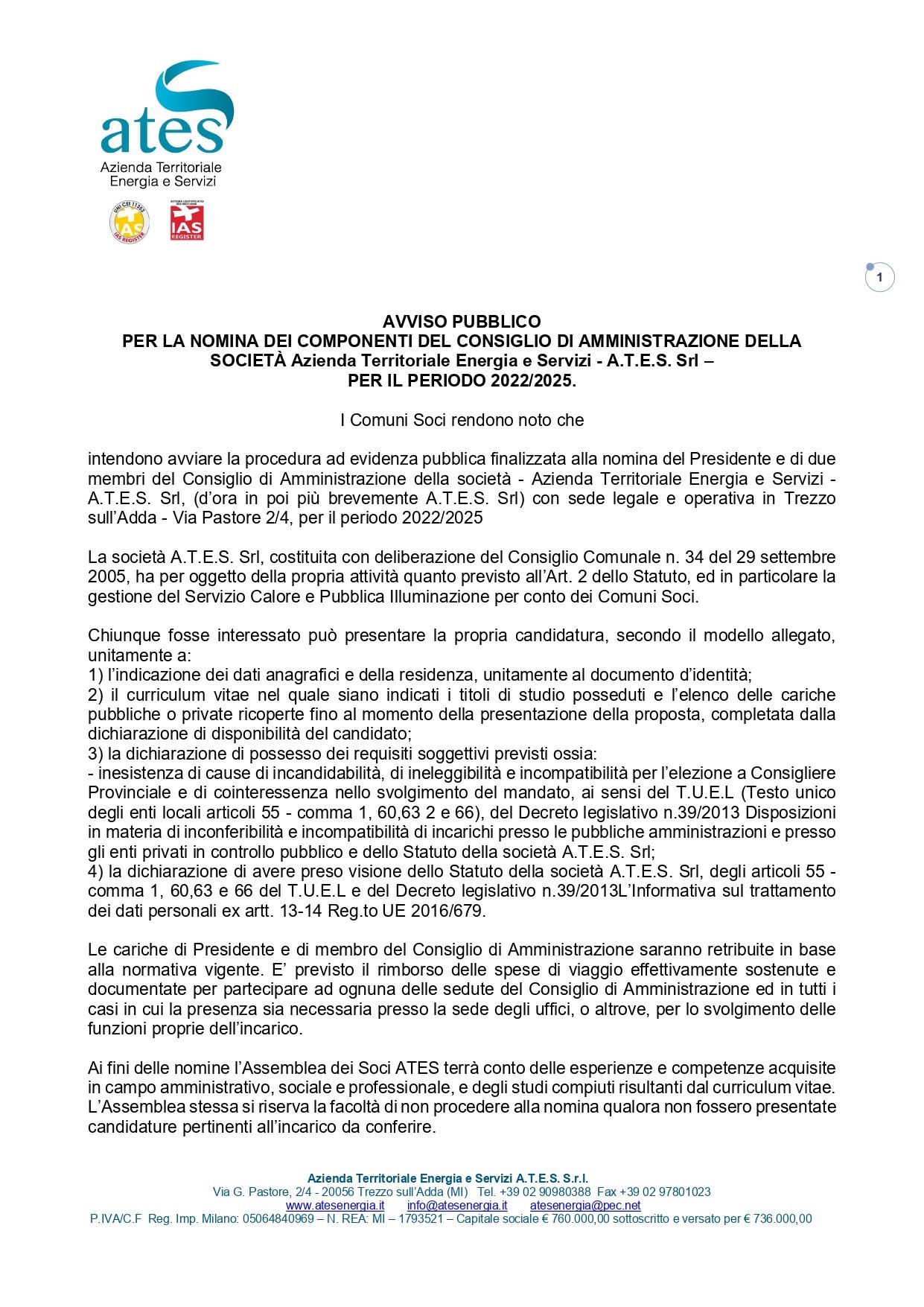 AVVISO PUBBLICO – Per la nomina dei componenti del Consiglio di Amministrazione della società Azienda Territoriale Energia e Servizi  – A.T.E.S. Srl  – per il periodo 2022/2025