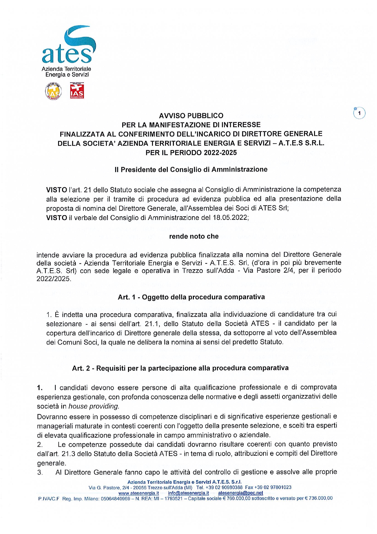 AVVISO PUBBLICO – Per la manifestazione di interesse finalizzata al conferimento dell’incarico di Direttore Generale di Ates S.r.l., per il periodo 2022/2025