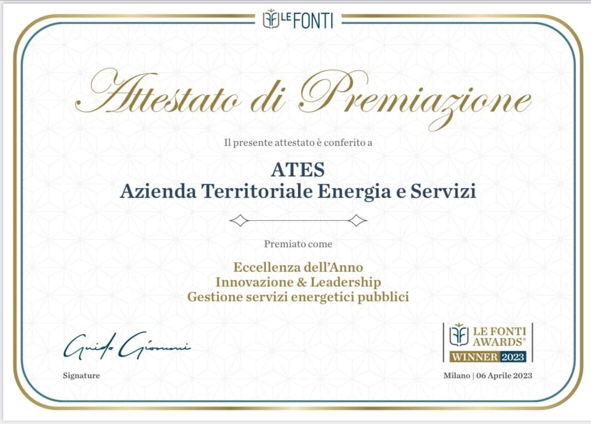 Le Fonti Awards – ATES premiata “Eccellenza dell’anno, Innovazione & Leadership, Gestione servizi energetici pubblici”