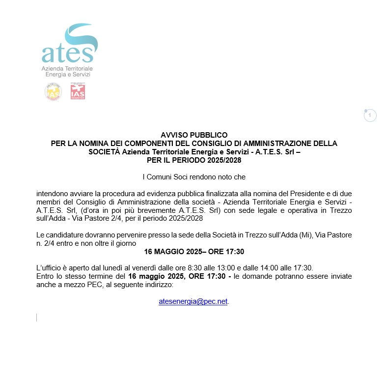 AVVISO PUBBLICO – Per la nomina dei componenti del Consiglio di Amministrazione della società Azienda Territoriale Energia e Servizi  – A.T.E.S. Srl  – per il periodo 2025/2028